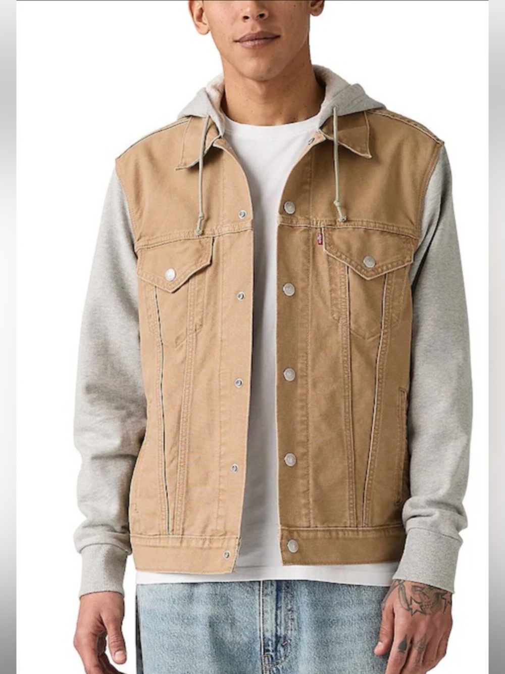 Levi's®Hybrid Tigers Eye Hoodie Jacket Tan Canvas with Gray Hoodie Sleeves. Sz S